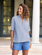 Load image into Gallery viewer, F&E Patty SS Popover Henley in Navy French Stripe