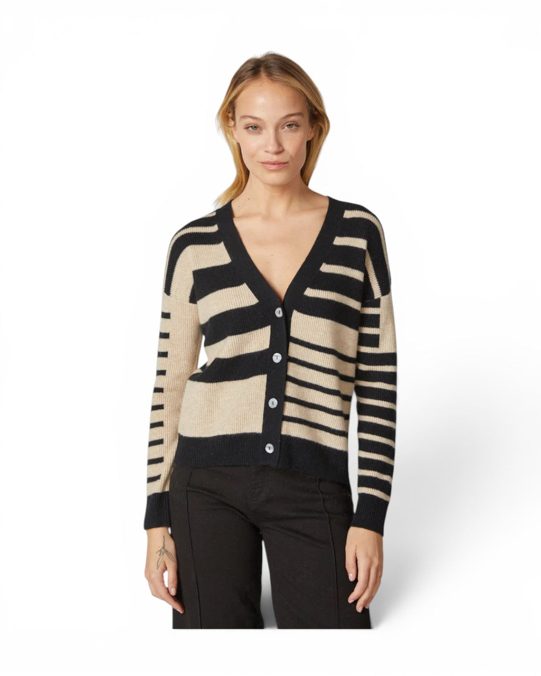 Kokun Stripe Mix Cardigan In Black And Almond – Jack Jerome