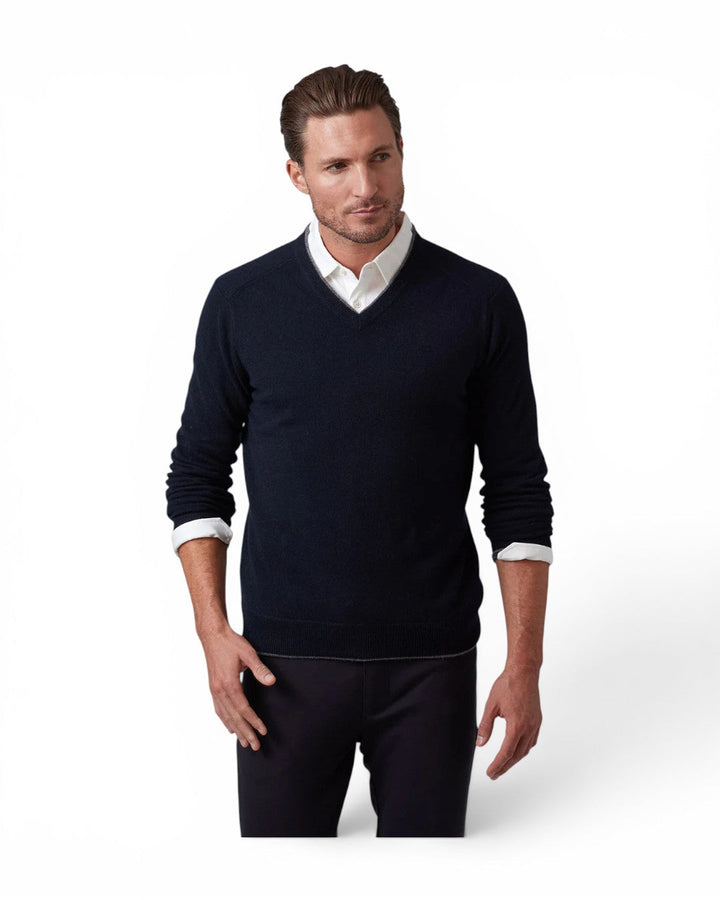 Raffi Cashmere Tipped V Neck In Navy
