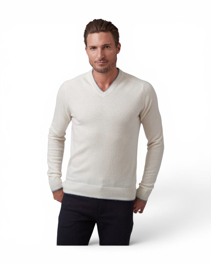 Raffi Cashmere Tipped V-Neck In Ivory