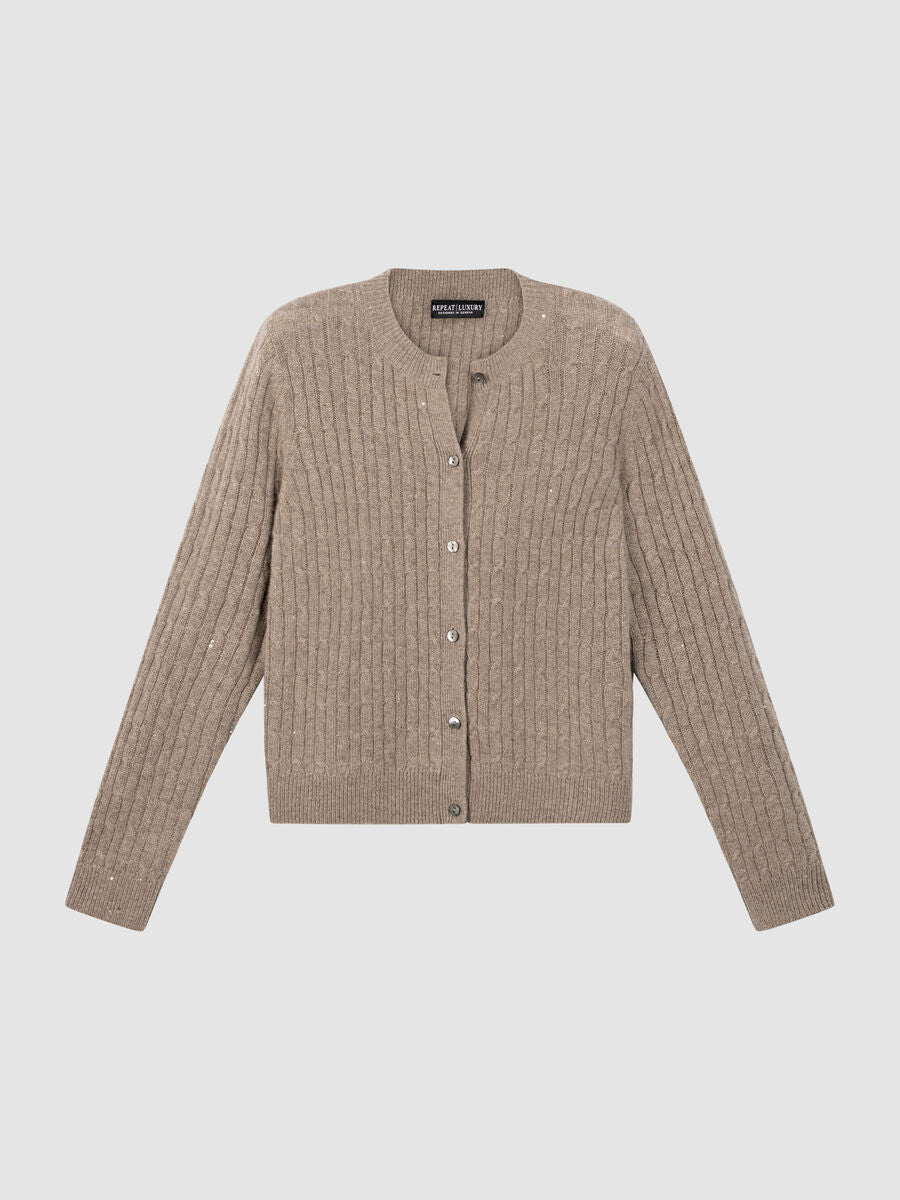 REPEAT Cashmere Cable-Knit Cardigan with Lurex Detail in Sand