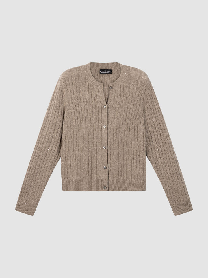 REPEAT Cashmere Cable-Knit Cardigan with Lurex Detail in Sand