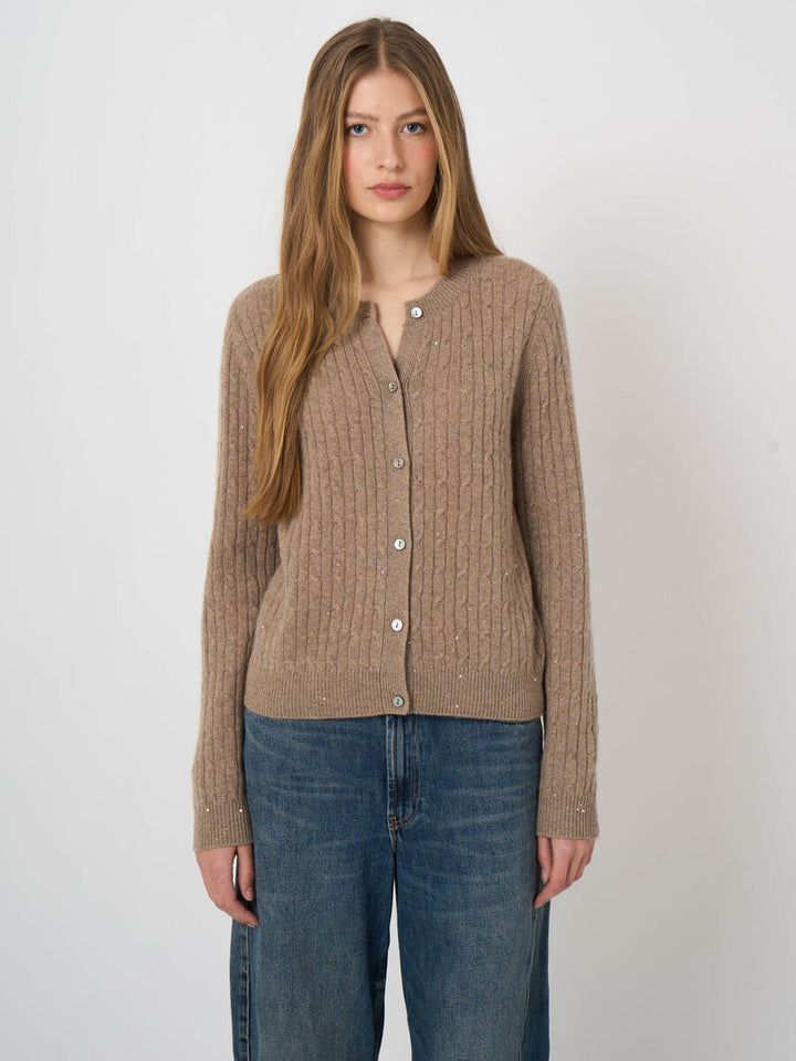 REPEAT Cashmere Cable-Knit Cardigan with Lurex Detail in Sand