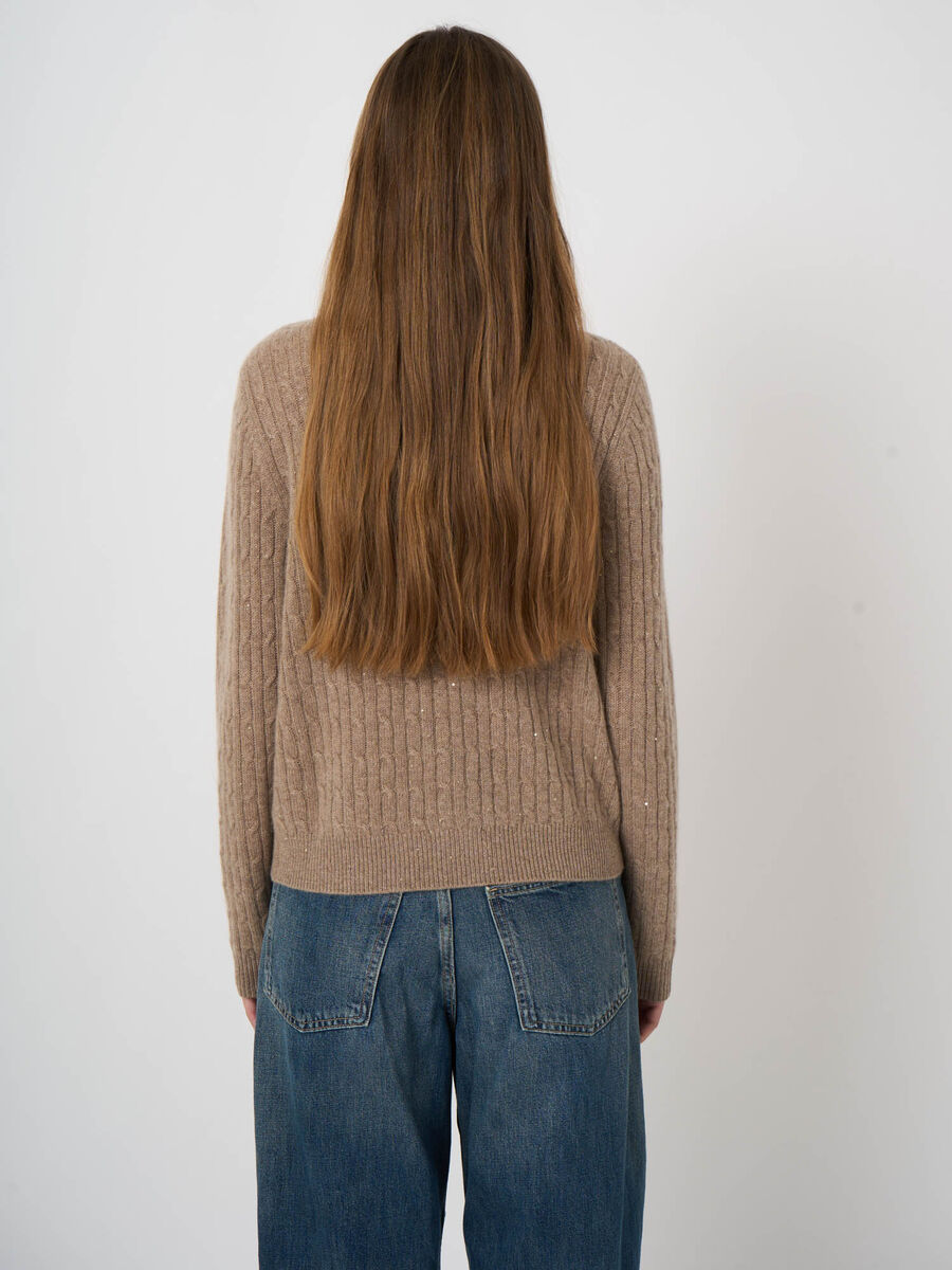 REPEAT Cashmere Cable-Knit Cardigan with Lurex Detail in Sand