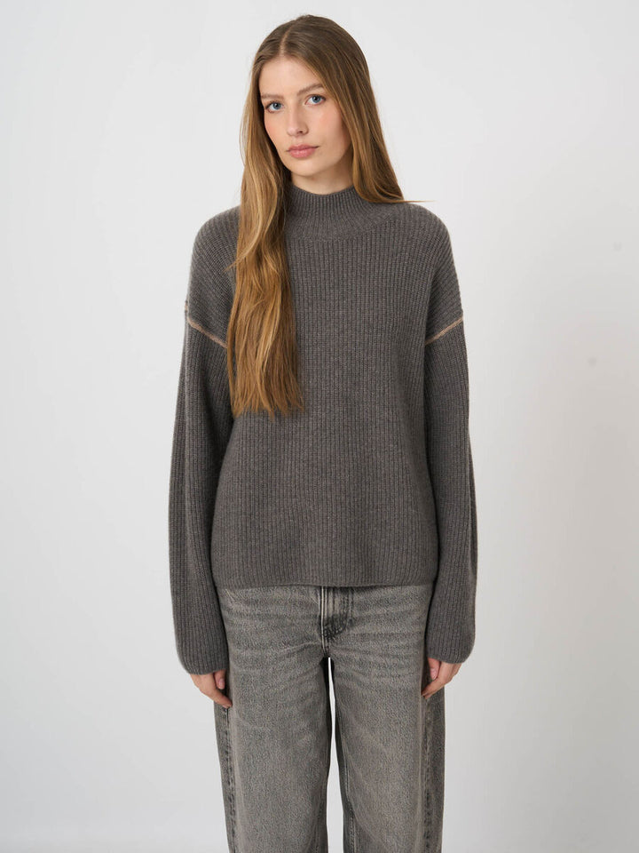 REPEAT Medium-Weight Cashmere Rib-Knit Sweater in Rock