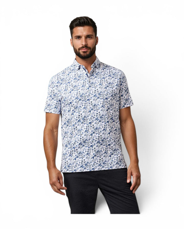 Stone Rose Clubhouse Floral Print Polo In Med Blue