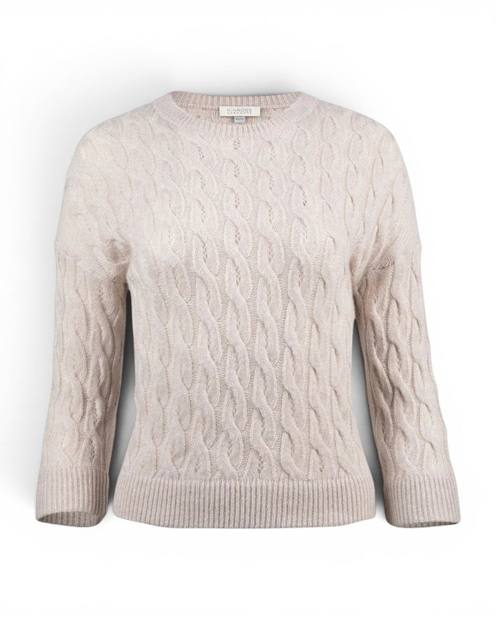 Kinross 3/4 Sleeve Pointelle Cable Crew In Almond