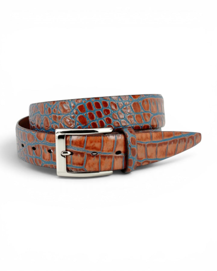 Torino Faux Crocodile Embossed Calkfskin Belt In Tan/Blue