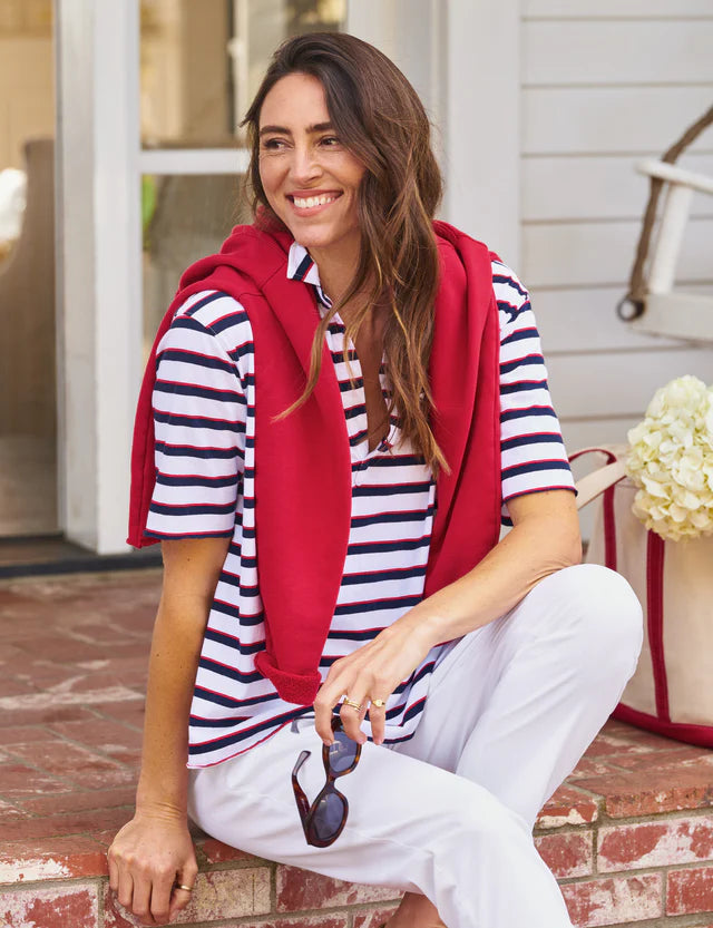 Frank &amp; Eileen Patty Ss Popover Henley In White/Red/Navy French Stripe