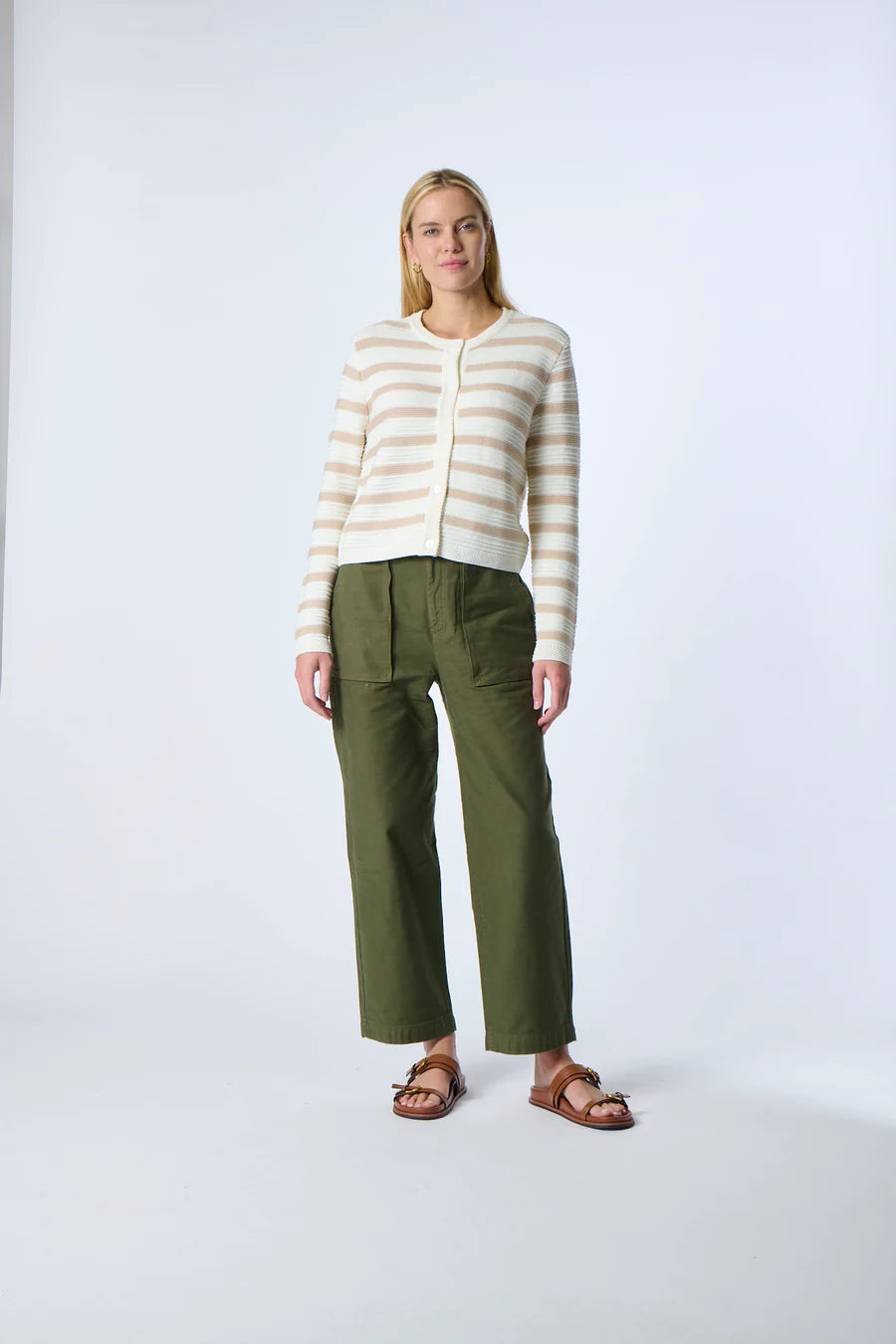 Kokun Stripe Cardigan In Sand/White