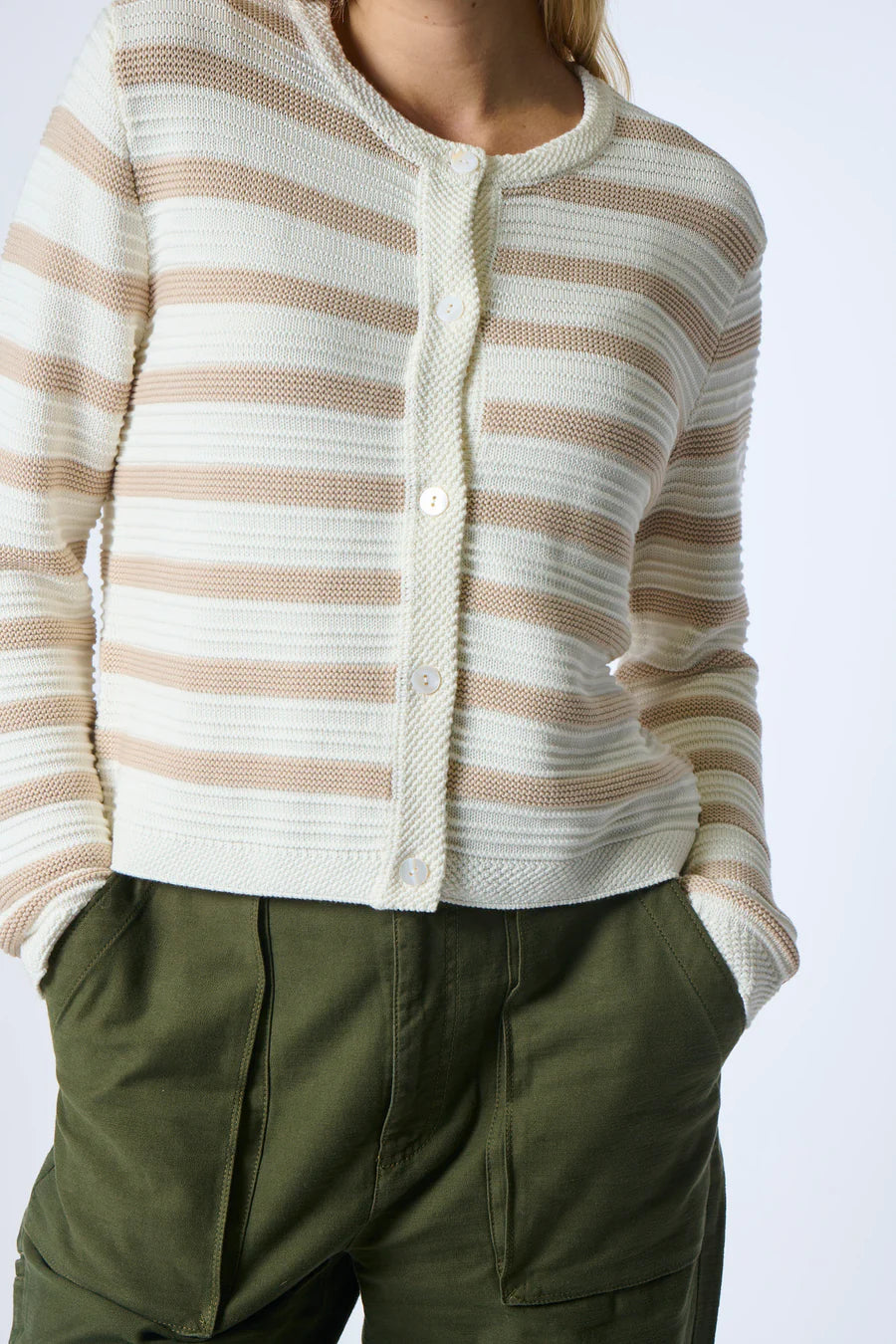 Kokun Stripe Cardigan In Sand/White