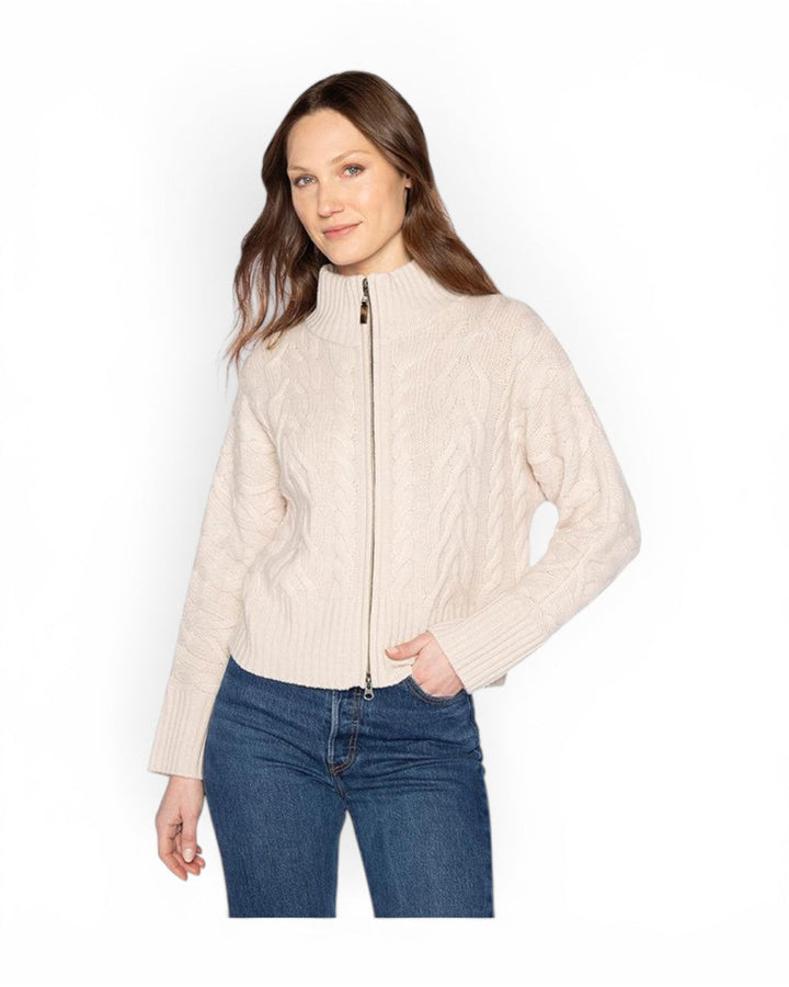 Kinross Luxe Cable Zip Cardigan In Canvas