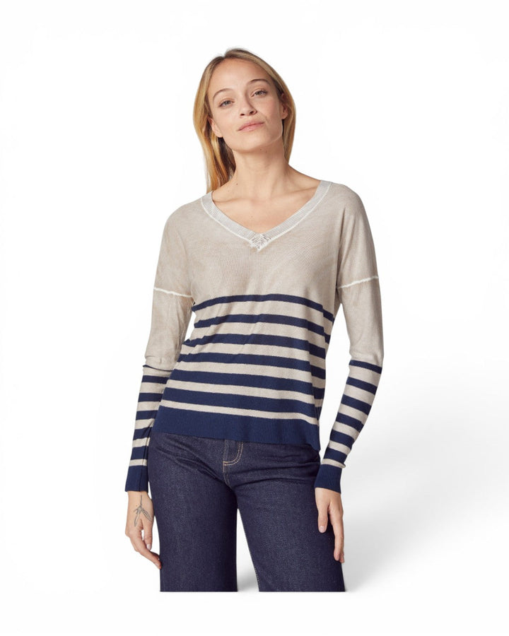 Kokun Overdyed Stripe V Neck In Oak Navy