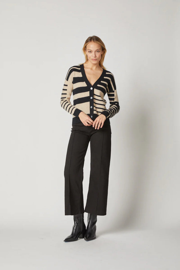Kokun Stripe Mix Cardigan In Black And Almond