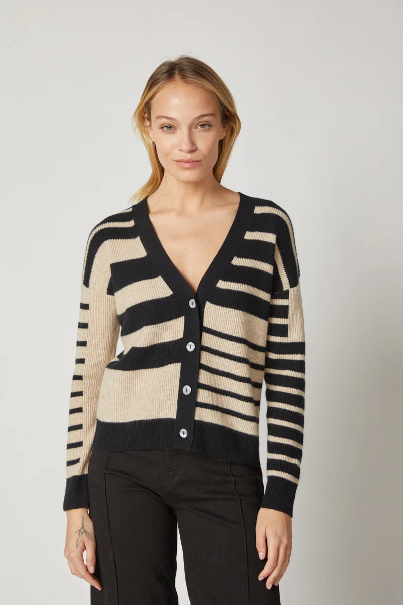Kokun Stripe Mix Cardigan In Black And Almond