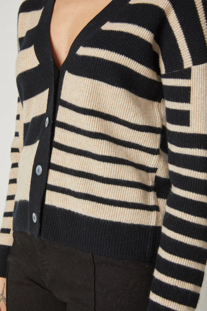 Kokun Stripe Mix Cardigan In Black And Almond