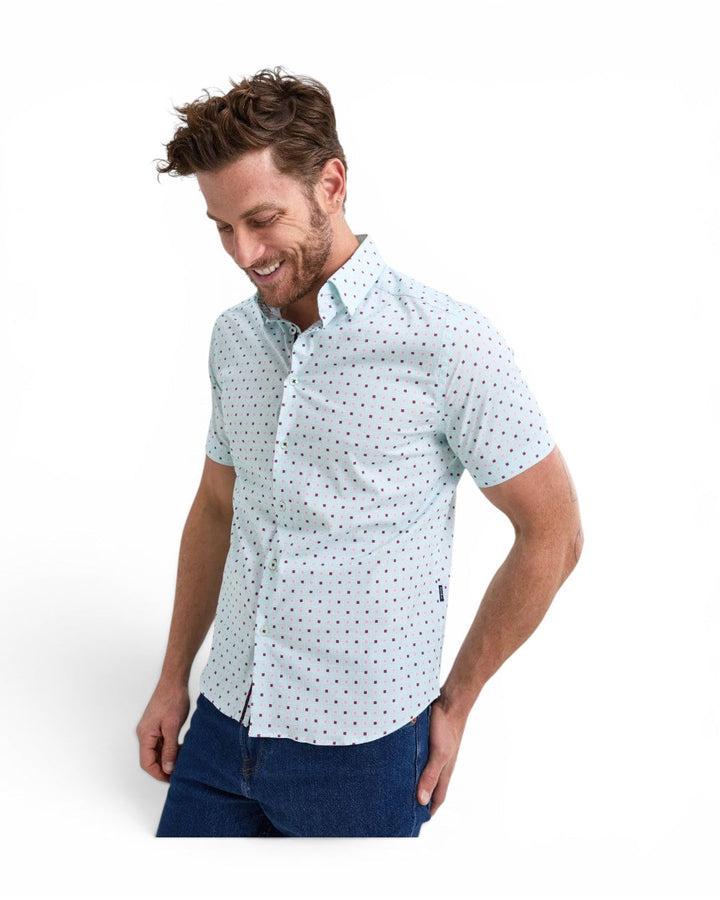 Stone Rose S/S Woven Printed Shirt In Light Blue Geometric Squares