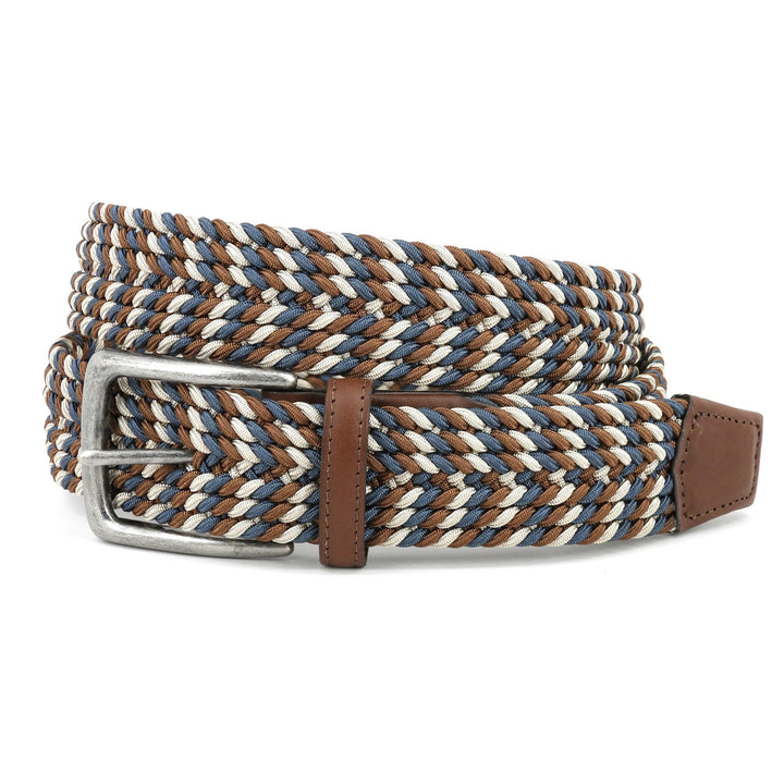 Torino Woven Stretch Rayon Belt In Blue/Cream/Brown
