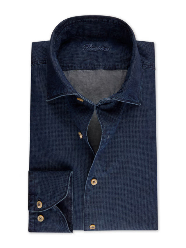 Stenstroms Dark Blue Patterned Denim Shirt
