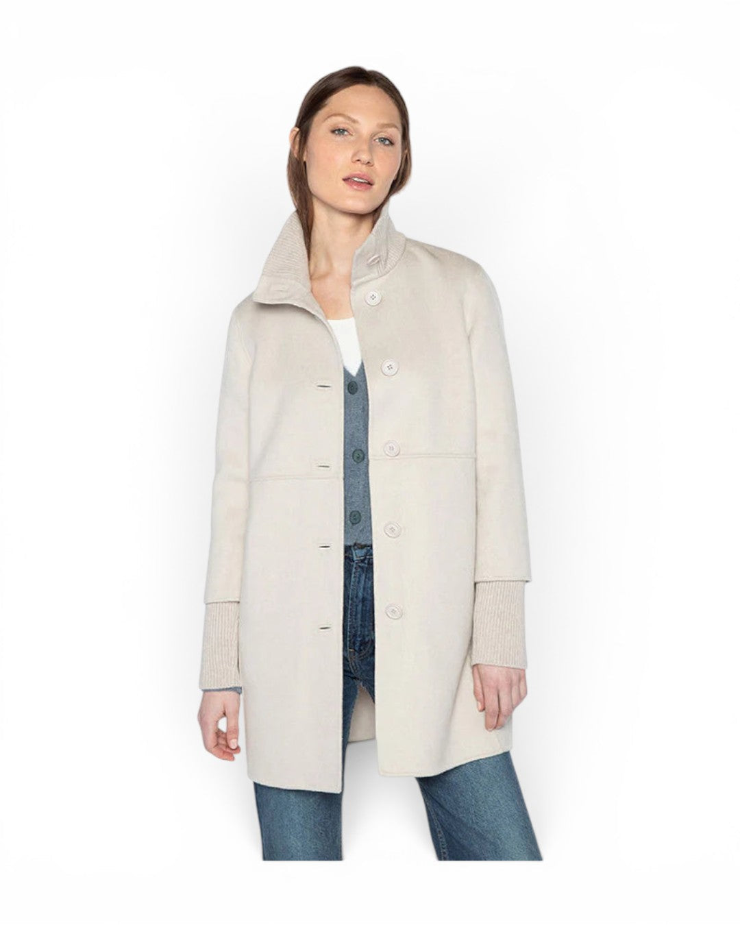 Kinross Button Front Knit Trim Coat In Birch
