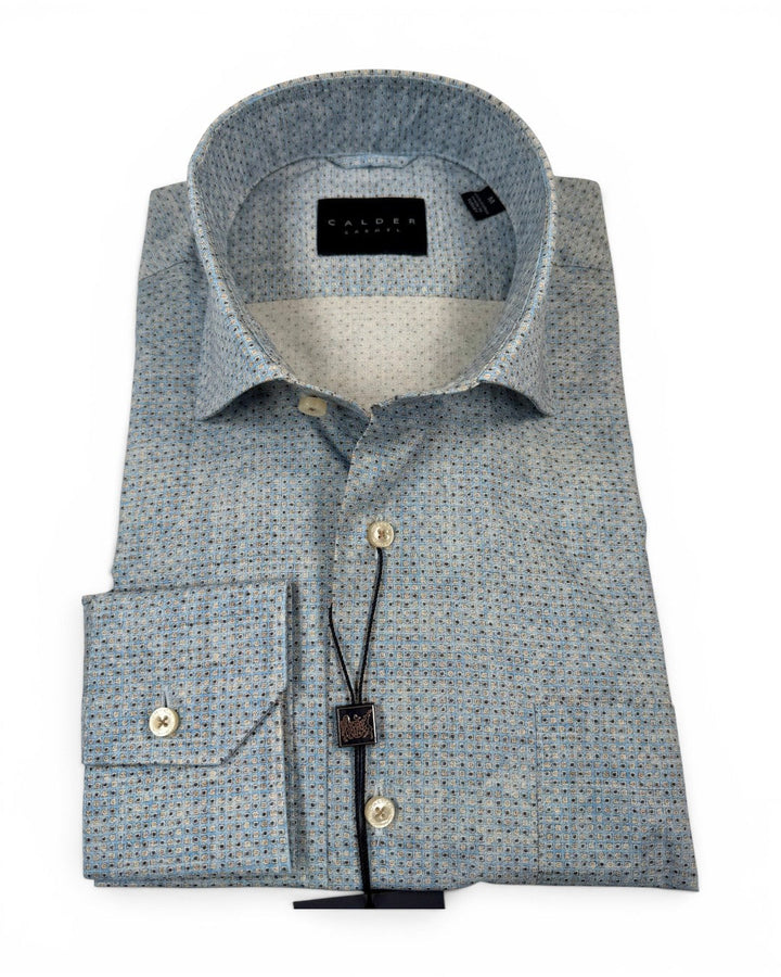 Calder Luxe Italian Printed Stretch Poplin Shirt In Turquoise