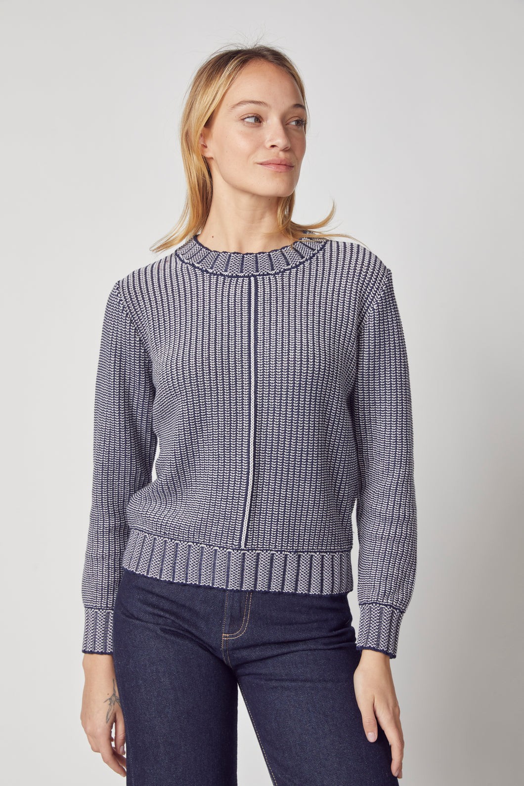 Kokun Ombre Stripe Crewneck in Navy Cloud