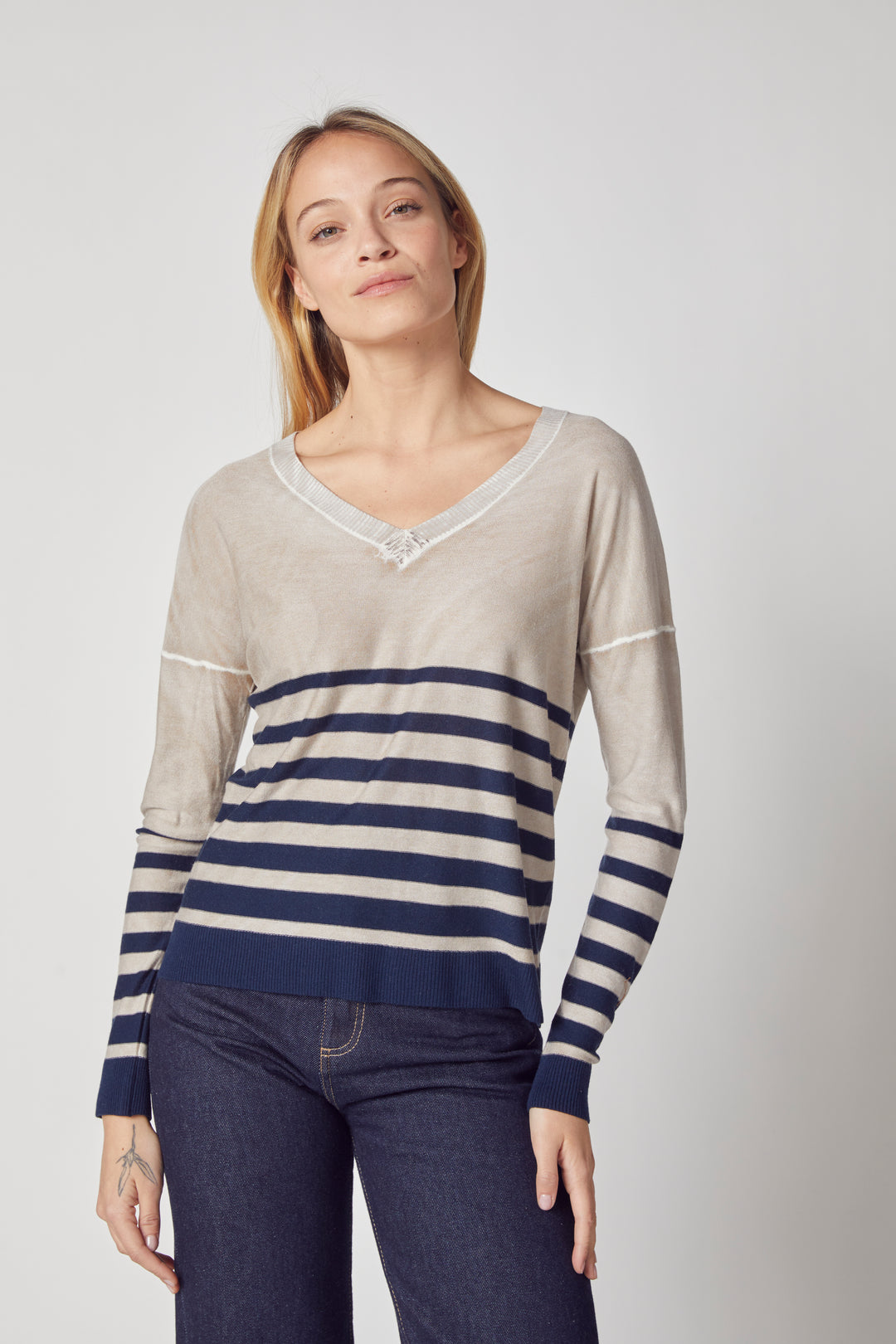 Kokun Overdyed Stripe V Neck In Oak Navy