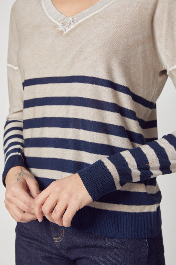 Kokun Overdyed Stripe V Neck In Oak Navy
