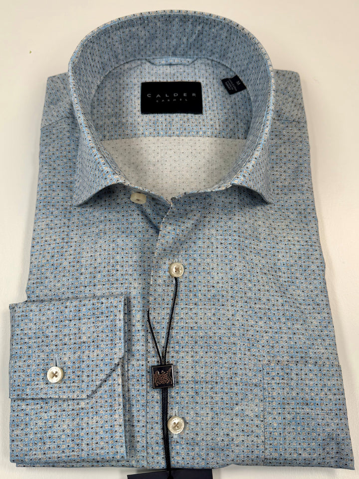 Calder Luxe Italian Printed Stretch Poplin Shirt In Turquoise