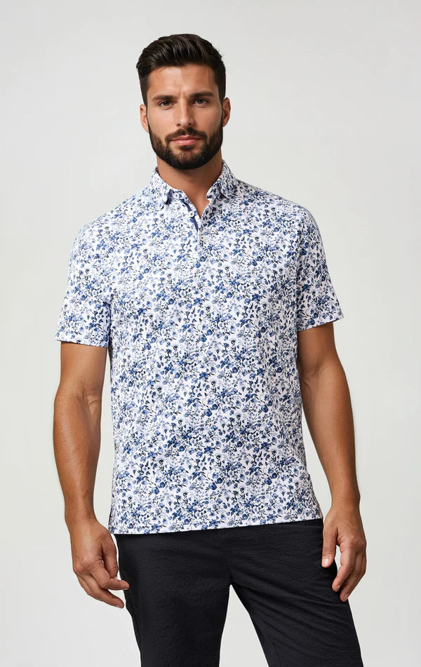 Stone Rose Clubhouse Floral Print Polo In Med Blue
