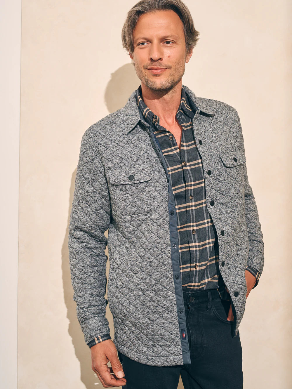 Faherty Epic Quilted Fleece CPO In Carbon Melange