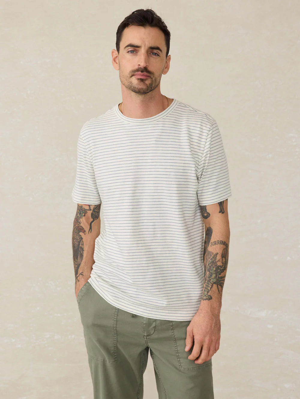 Faherty Men's Sunwashed Regenerative Cotton Tee in Cream Flint Stripe