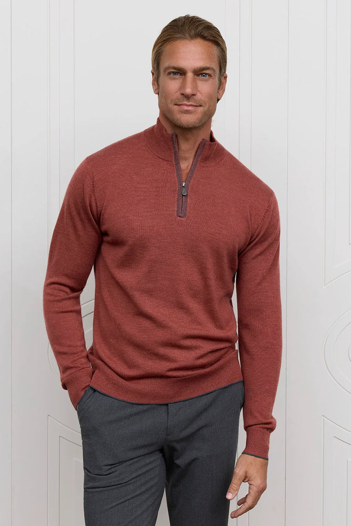 Raffi Merino Zip Mock In Cinnamon