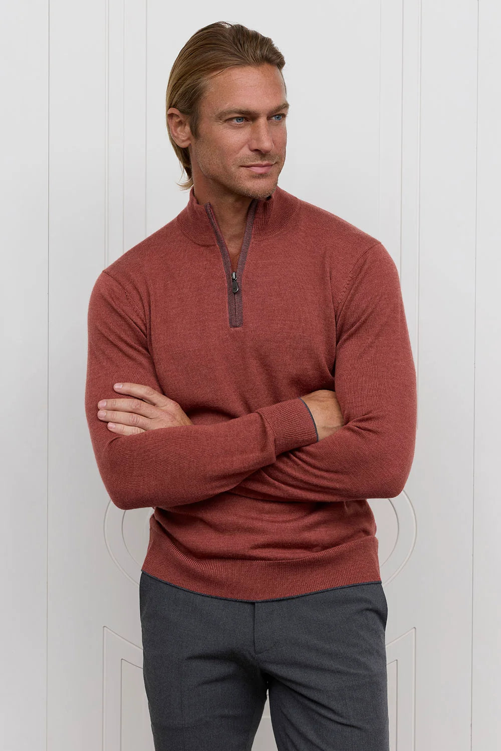 Raffi Merino Zip Mock In Cinnamon
