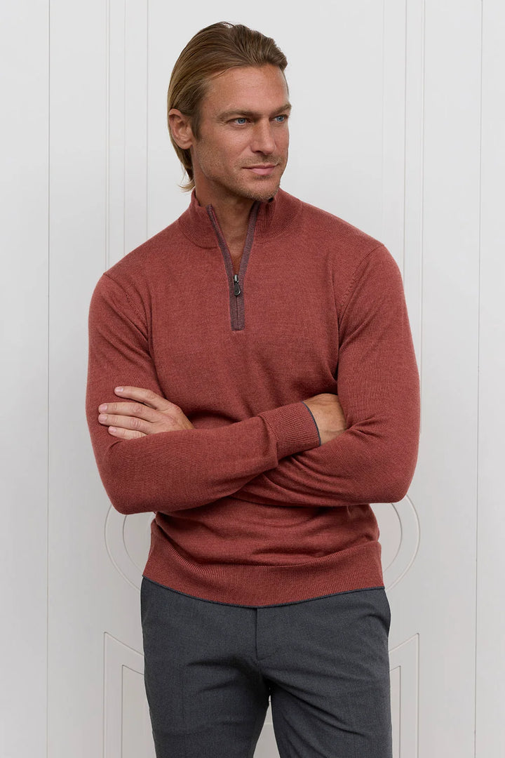 Raffi Merino Zip Mock In Cinnamon