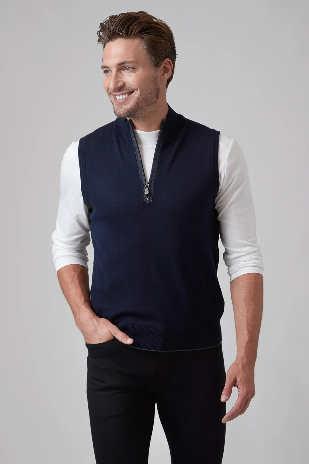 Raffi S/L Zip Mock In Navy