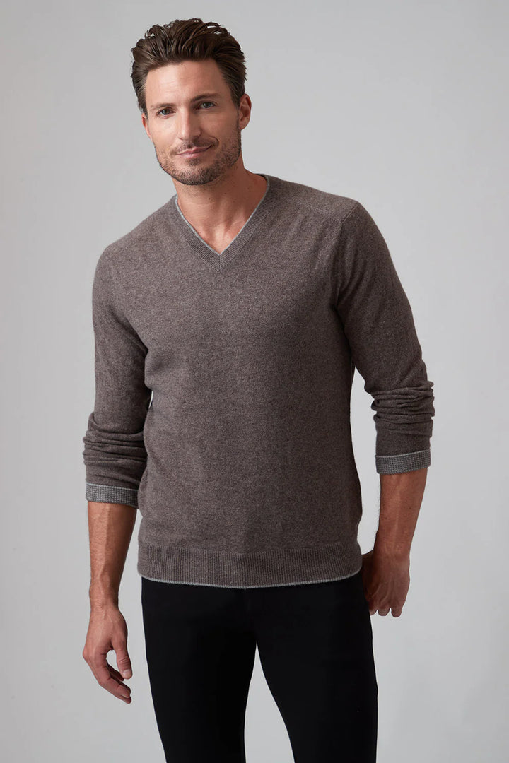 Raffi Cashmere Tipped V-Neck In Acorn