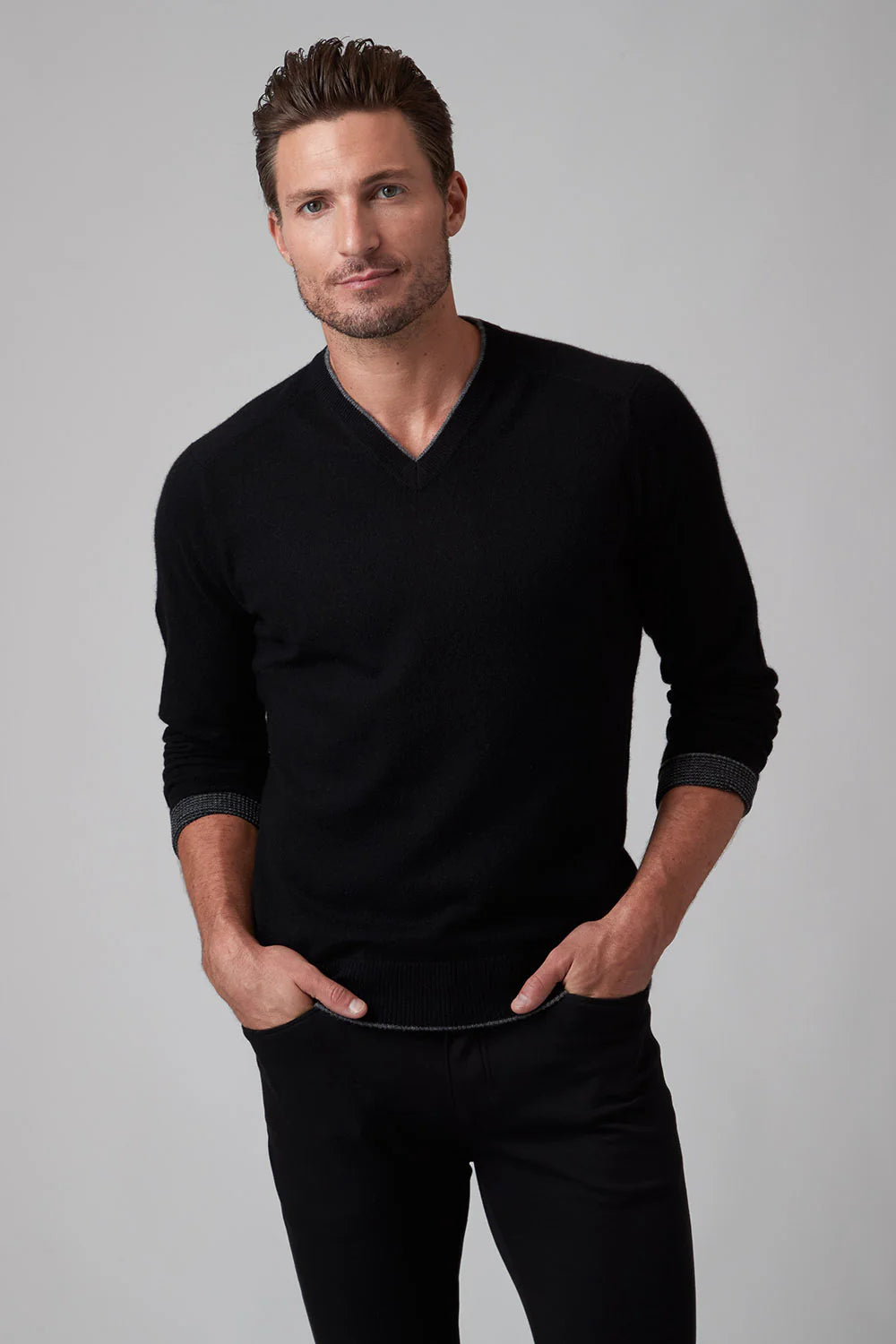 Raffi Cashmere Tipped V-Neck In Black