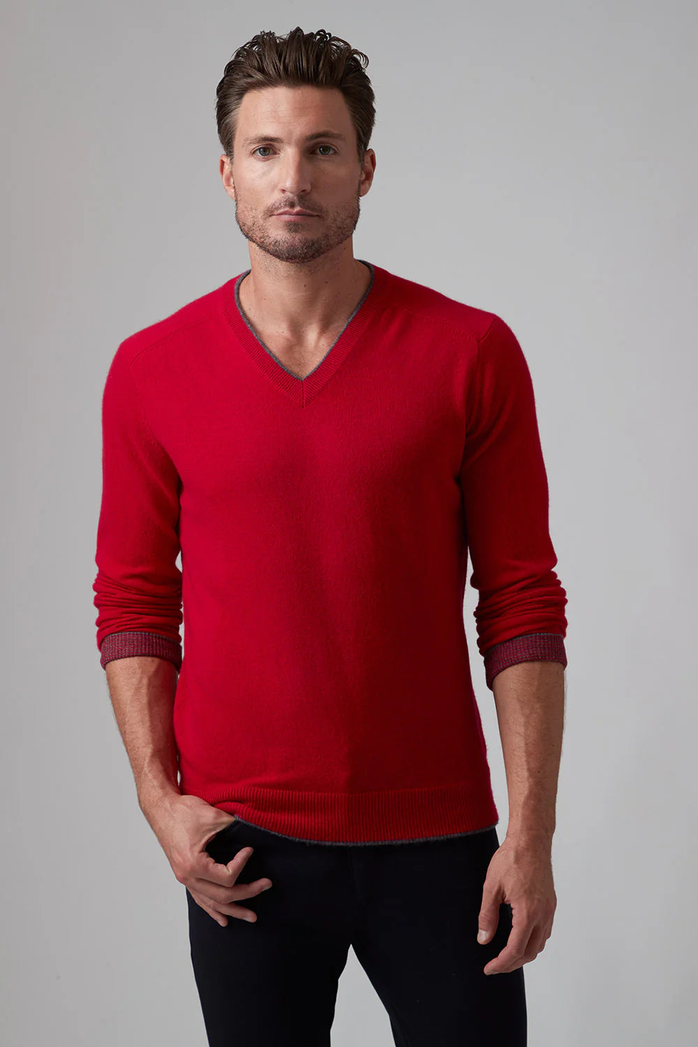 Raffi Cashmere Tipped V-Neck in Garnet