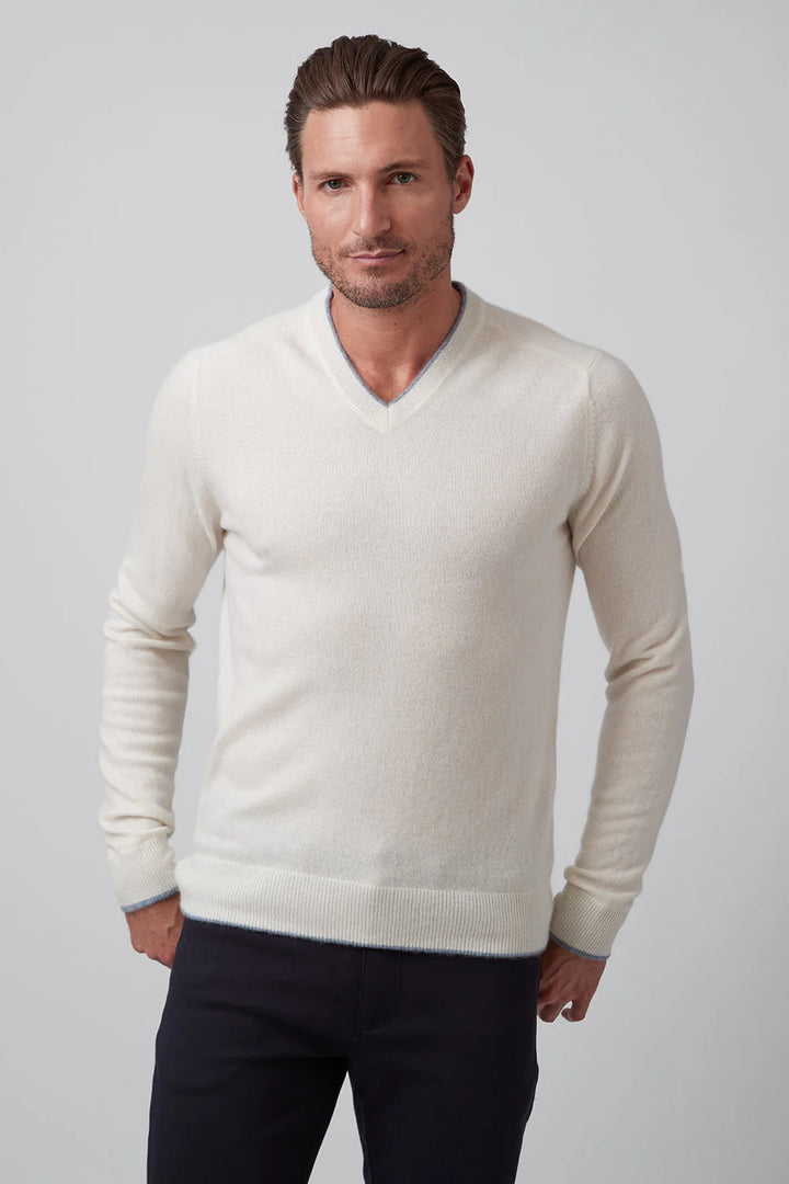 Raffi Cashmere Tipped V-Neck In Ivory
