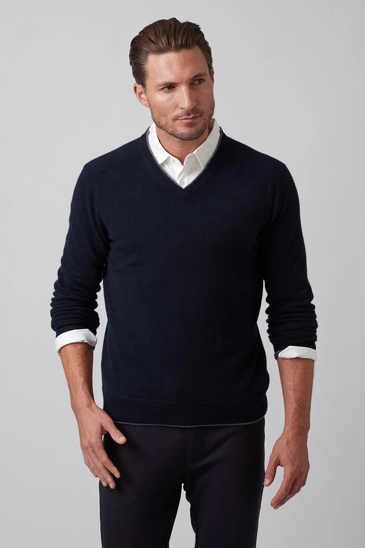Raffi Cashmere Tipped V Neck In Navy
