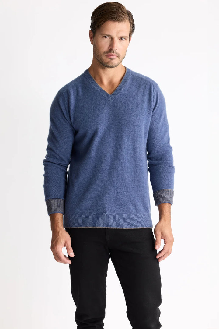 Raffi Cashmere Tipped V Neck In Atlantic