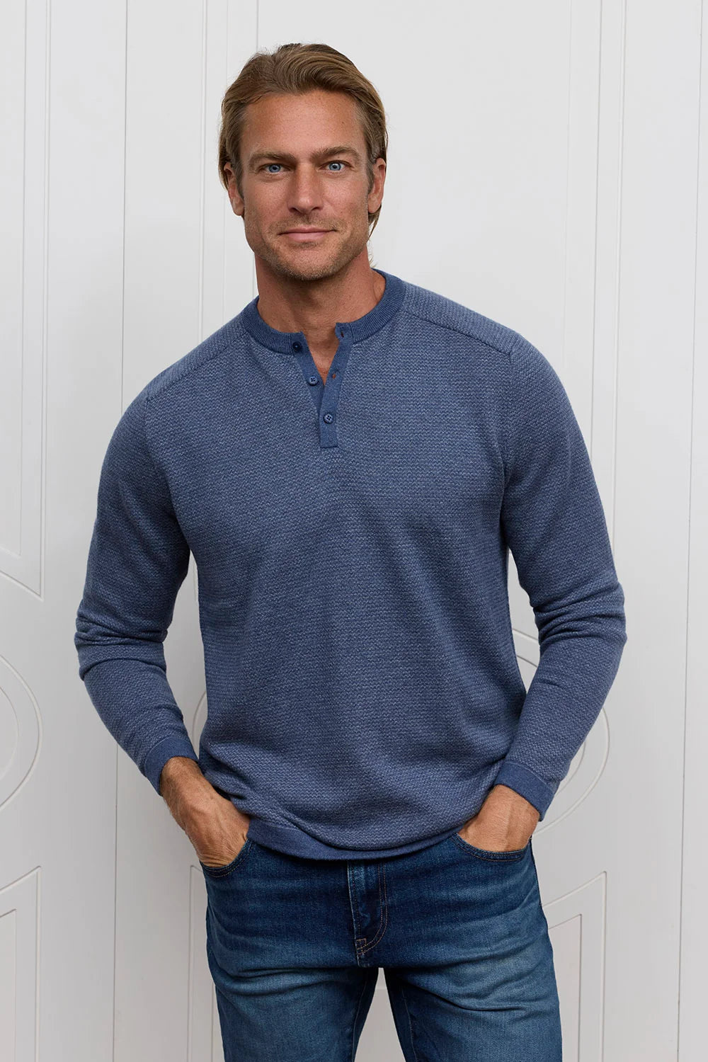 Raffi Harrison Two Tone Henley in Denim