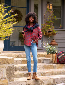 Eileen Relaxed Button-Up in Small Red Plaid