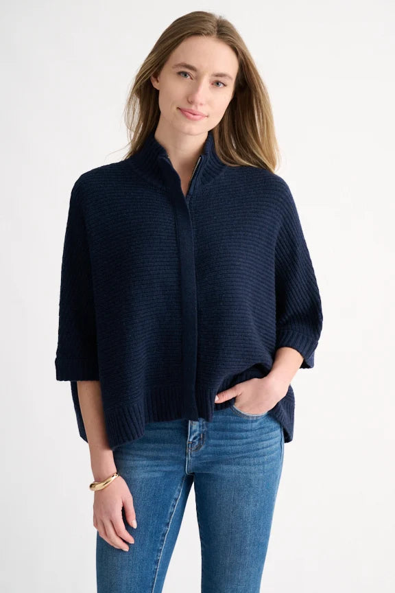 KINROSS Rib Zip Mock S/L Cardigan in Navy