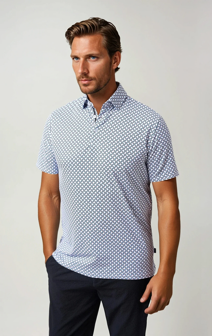 Stone Rose White Geo Print Stretch Polo