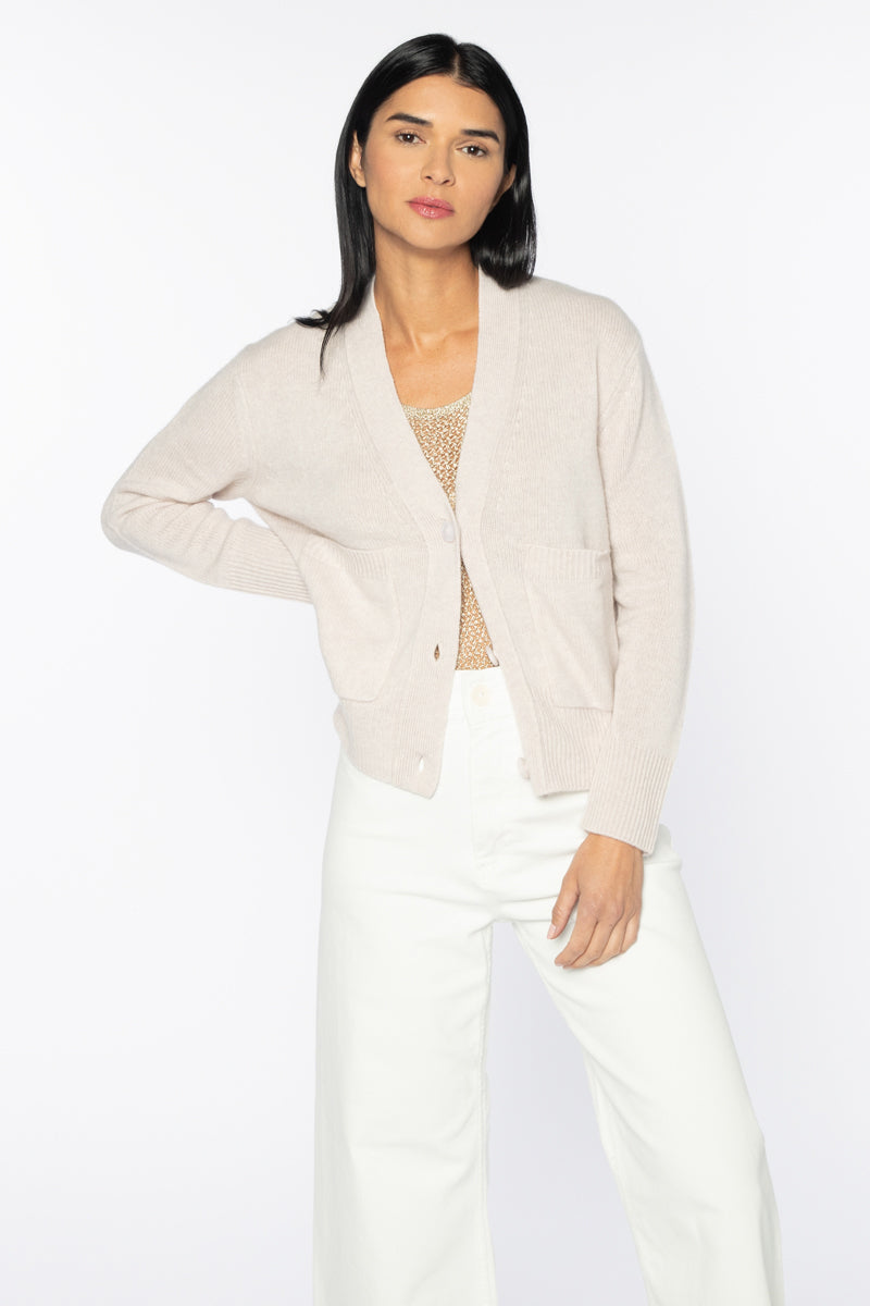 Kinross Pocket Vee Cardigan In Pearl