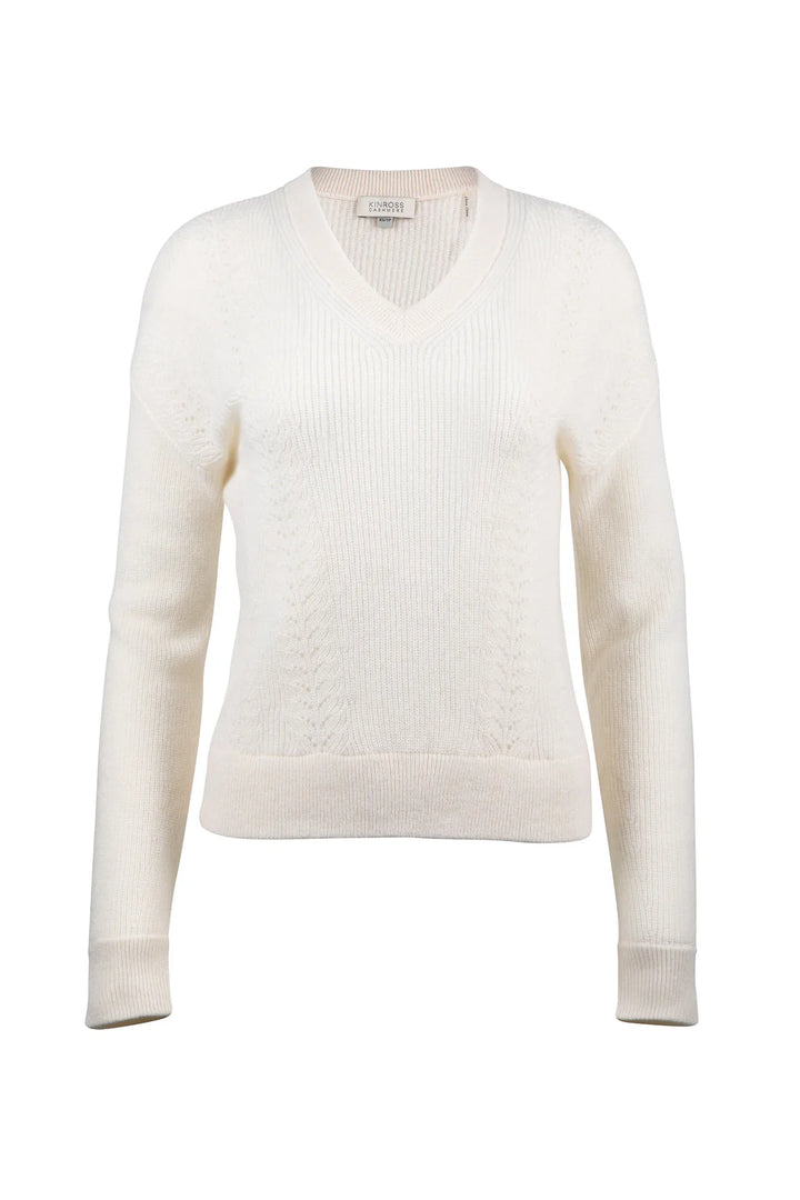 Kinross Pointelle Rib Vee In Ivory