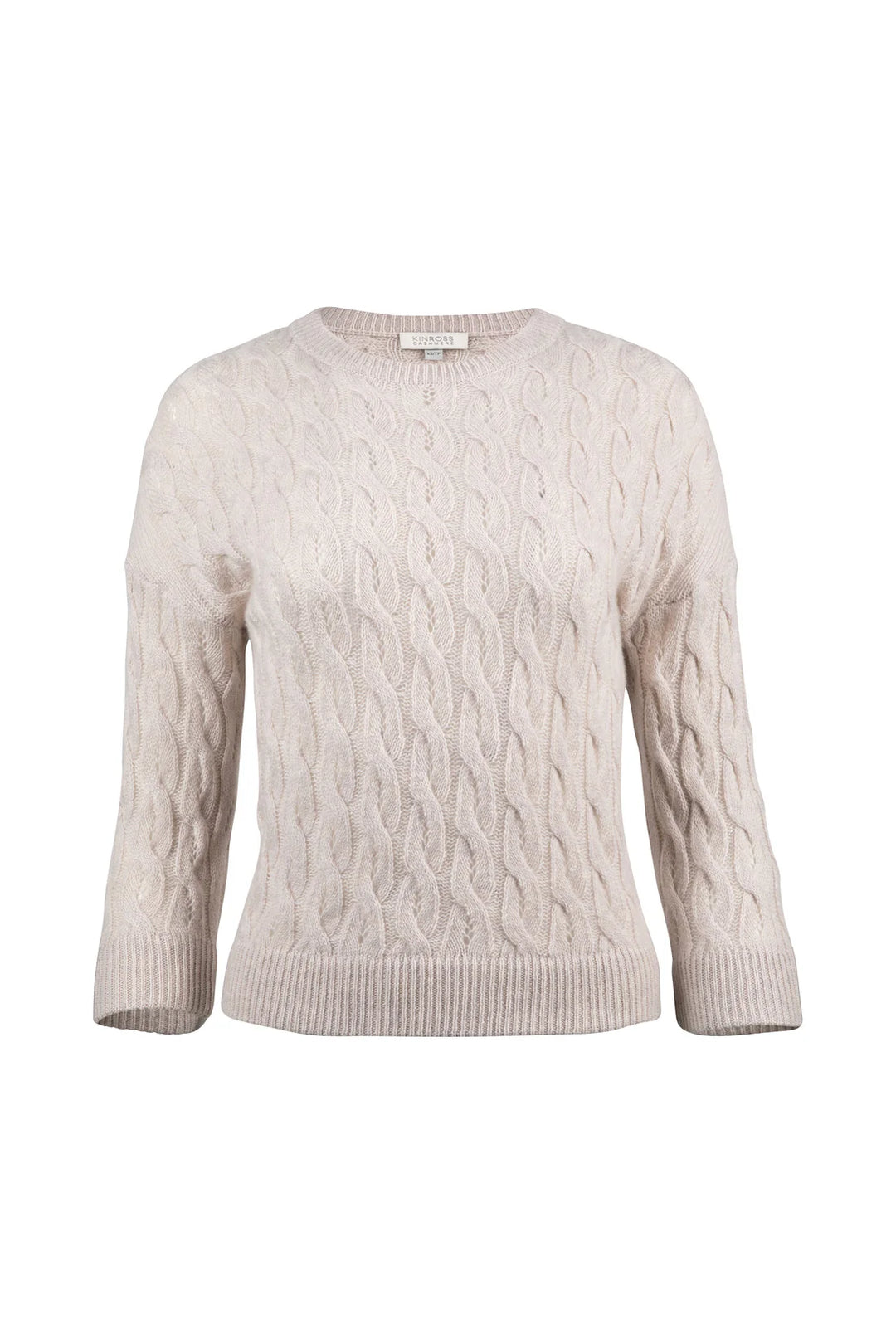 Kinross 3/4 Sleeve Pointelle Cable Crew In Almond