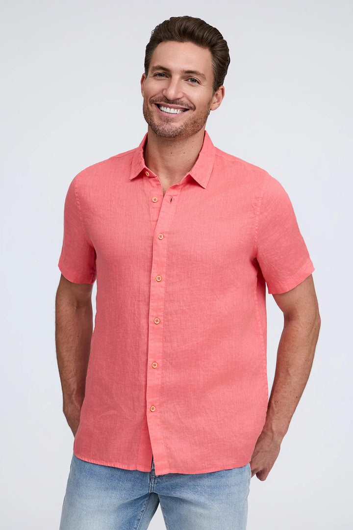 RAFFI Linen S/S Button down Polo In Coral